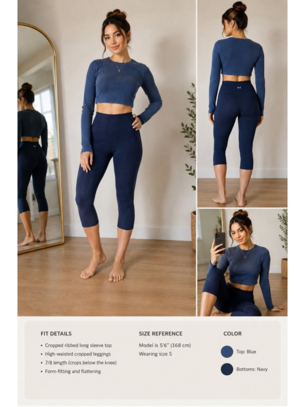 Navy Activewear Set | Ribbed Crop Top + Cropped Leggings | M